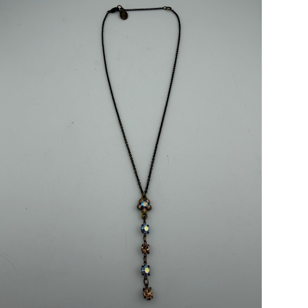 Michal Negrin Drop Necklace Bronze Excellent Crystal Flower Vintage Israel